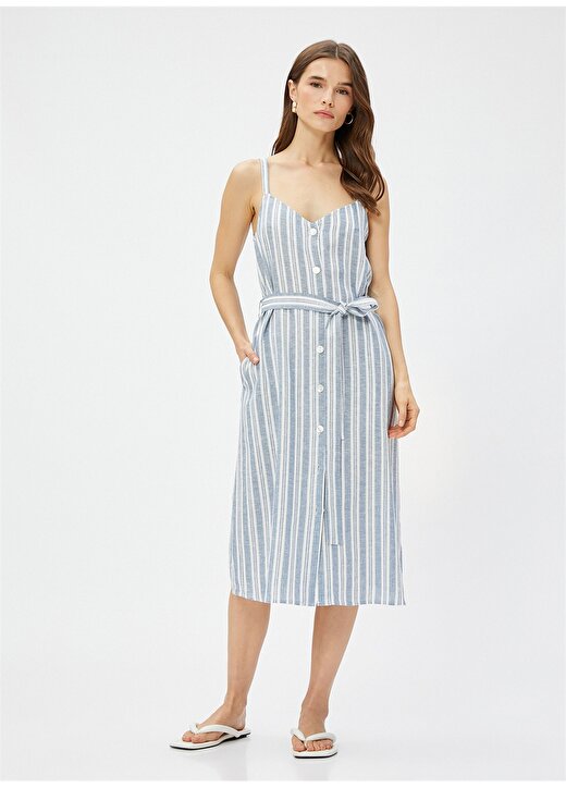 Koton Mavi - Beyaz Kadın V Yaka Midi Çizgili Keten Elbise 3SAK80270EW 1