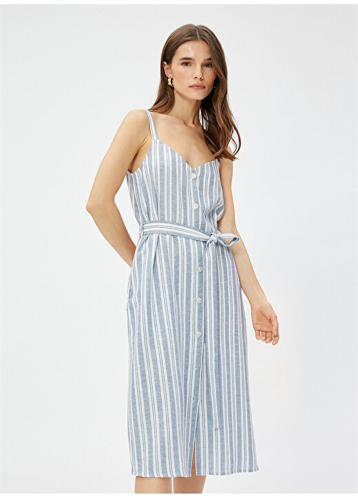 Koton Mavi - Beyaz Kadın V Yaka Midi Çizgili Keten Elbise 3SAK80270EW 2