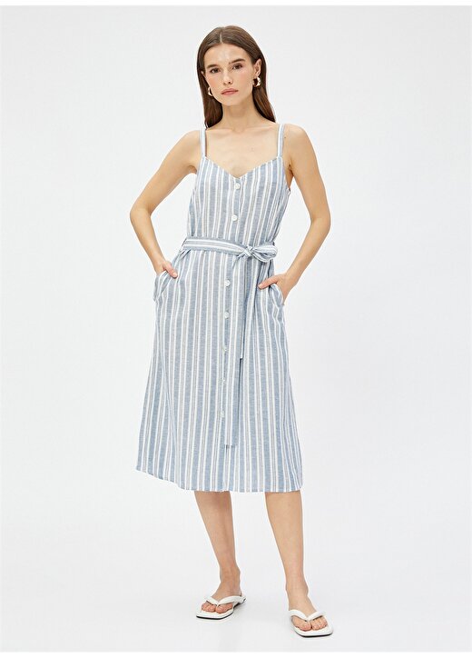 Koton Mavi - Beyaz Kadın V Yaka Midi Çizgili Keten Elbise 3SAK80270EW 3