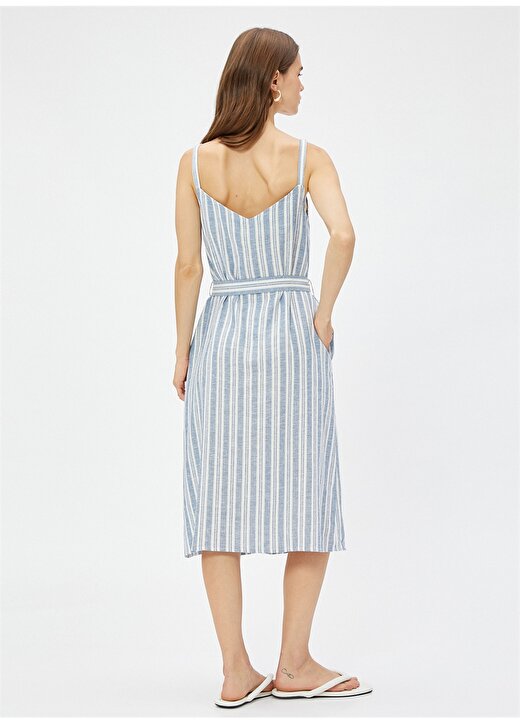 Koton Mavi - Beyaz Kadın V Yaka Midi Çizgili Keten Elbise 3SAK80270EW 4