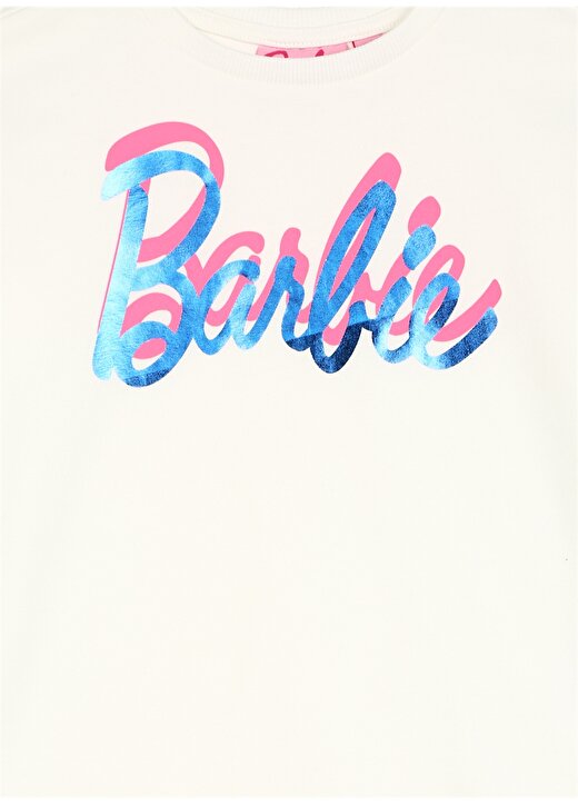 Barbie Ekru Kız Çocuk Bisiklet Yaka Düşük Omuzlu Oversize Baskılı T-Shirt BRB3WG-TST4 2