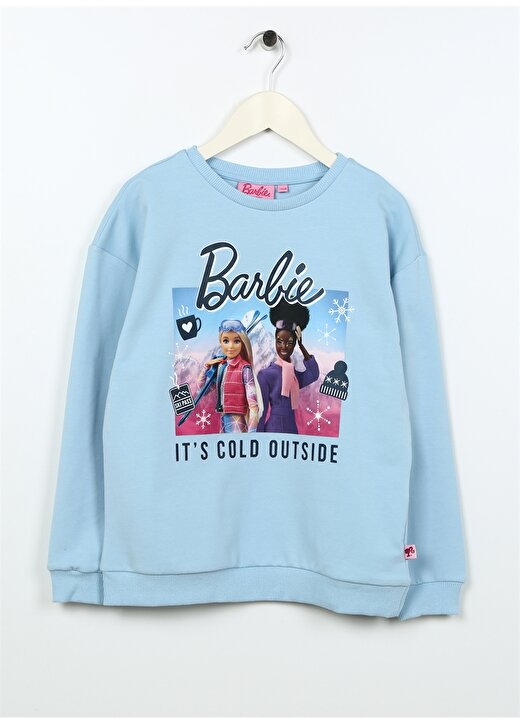 Barbie Mavi Kız Çocuk Bisiklet Yaka Düşük Omuz Oversize Baskılı Sweatshirt BRB3WG-SWT10 1