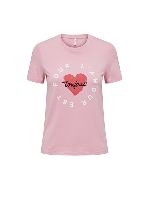 Only O Yaka Baskılı Açık Pembe Kadın T-Shirt ONLBENJI REG S/S HEART TOP BOX JRS 1