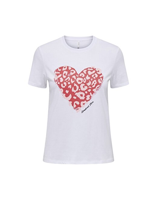 Only O Yaka Baskılı Açık Beyaz Kadın T-Shirt ONLBENJI REG S/S HEART TOP BOX JRS 1