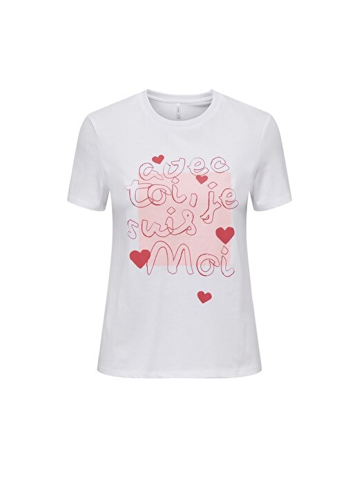 Only O Yaka Baskılı Beyaz Kadın T-Shirt ONLBENJI REG S/S HEART TOP BOX JRS 1