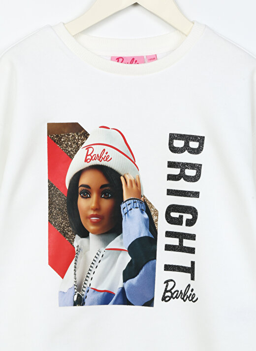 Barbie Ekru Kız Çocuk Bisiklet Yaka Düşük Omuz Oversize Baskılı Sweatshirt BRB3WG-SWT24  3