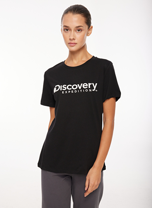 Discovery Expedition Siyah Kadın Bisiklet Yaka Baskılı T-Shirt D3WL-TST1   2