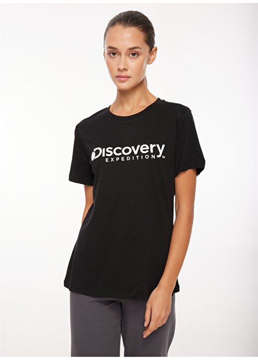 Discovery Expedition Siyah Kadın Bisiklet Yaka Baskılı T-Shirt D3WL-TST1 2