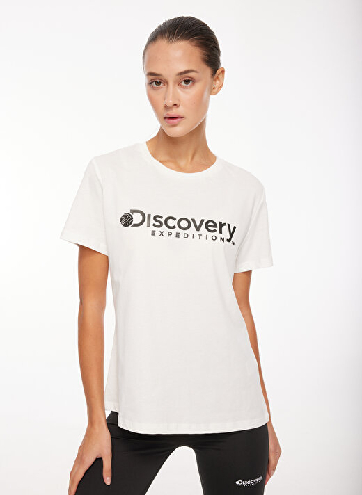 Discovery Expedition Beyaz Kadın Bisiklet Yaka Baskılı T-Shirt D3WL-TST1   2