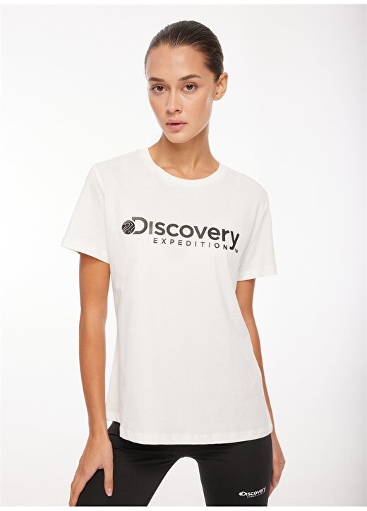 Discovery Expedition Beyaz Kadın Bisiklet Yaka Baskılı T-Shirt D3WL-TST1 2