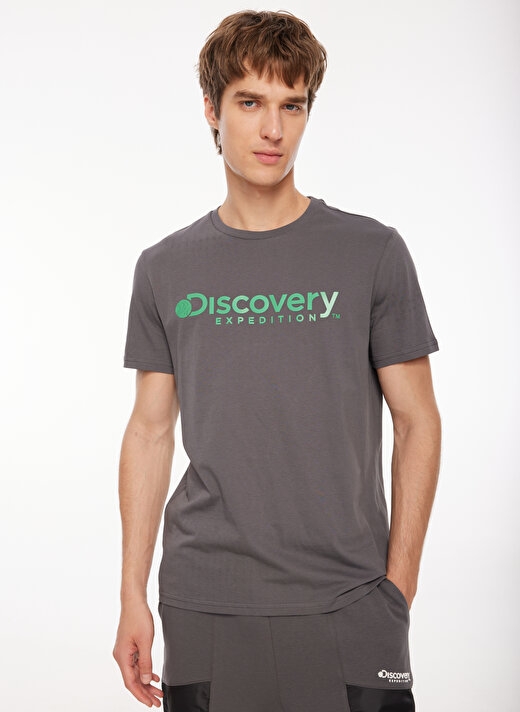 Discovery Expedition Antrasit Erkek Bisiklet Yaka Baskılı T-Shirt D3WM-TST6   2
