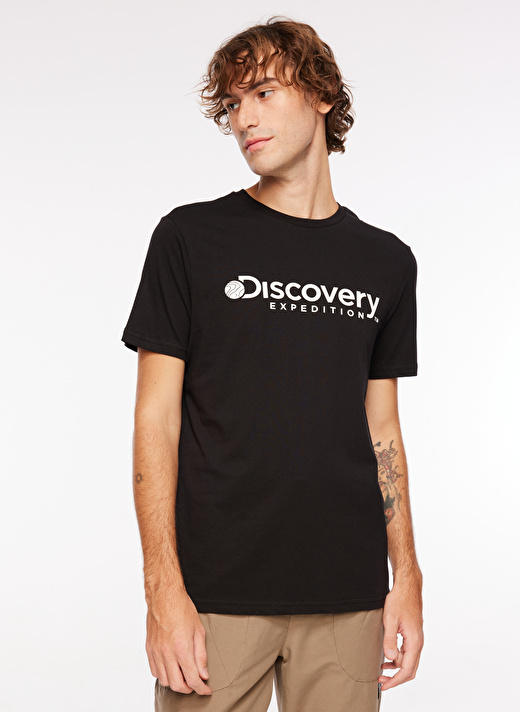 Discovery Expedition Siyah Erkek Bisiklet Yaka Baskılı T-Shirt D3WM-TST6   1