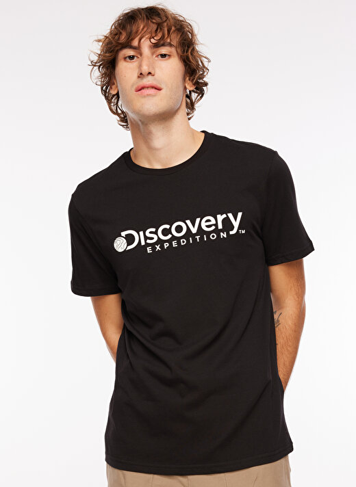 Discovery Expedition Siyah Erkek Bisiklet Yaka Baskılı T-Shirt D3WM-TST6   3