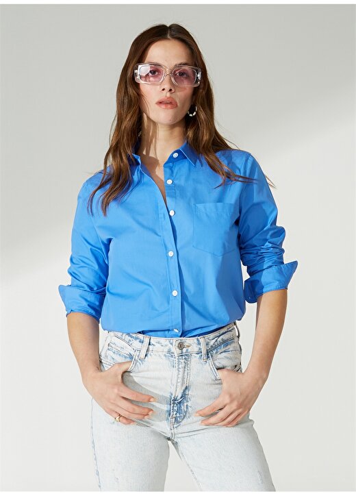 Marie Marot Normal Klasik Yaka Düz Mavi Kadın Gömlek MAJORELLE 3
