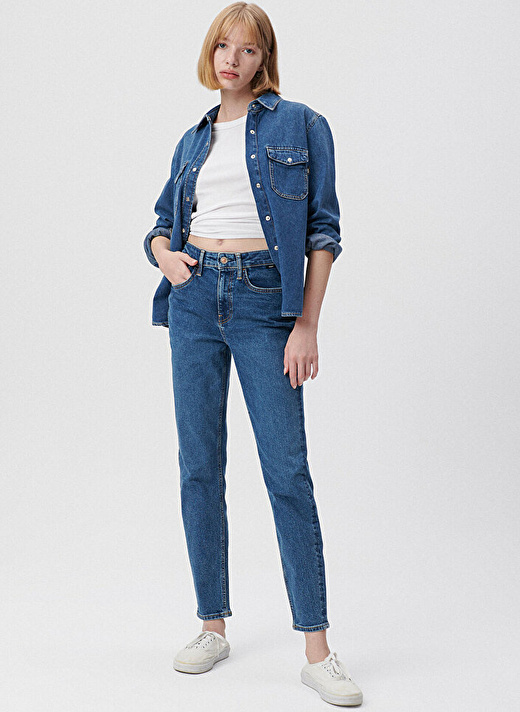 Mavi Yüksek Bel Dar Paça Mom Fit Mavi Kadın Denim Pantolon M100277-85272 CINDY Mid Brushed COL 2