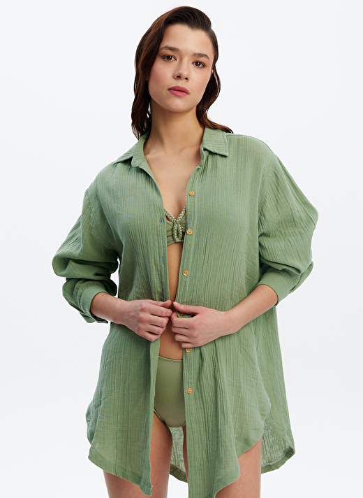 Louren Normal Gömlek Yaka Yeşil Kadın Gömlek LRN23YKP5620 1