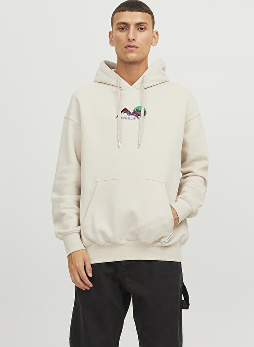 Jack & Jones Kapüşon Yaka Krem Erkek Sweatshırt 12242357_JORSILVERLAKE SWEAT HOOD 2