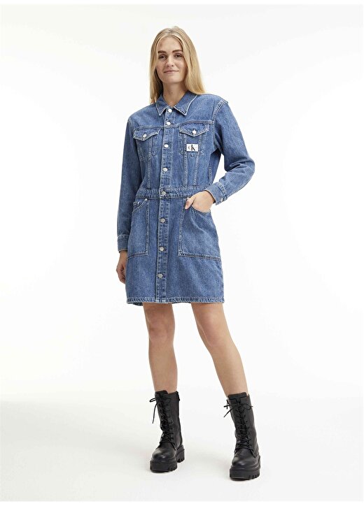 Calvin Klein Jeans Ceket Yaka Düz Mavi Diz Üstü Kadın Elbise J20J221269 1