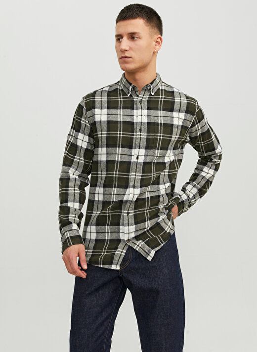 Jack & Jones Slim Fit Yeşil Düz Erkek Gömlek JJECLASSIC AUTUMN CHECK SHIRT LS SN 3