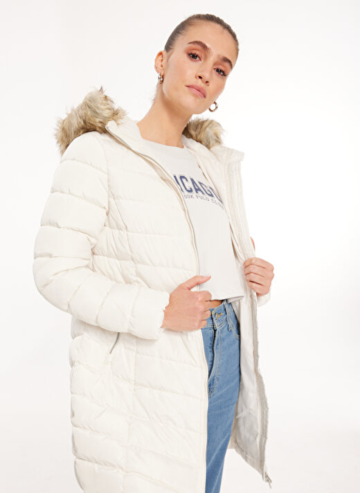 Only Kırık Beyaz Kadın Kaban ONLELLAN QUILTED HOOD FUR COAT CC O 2