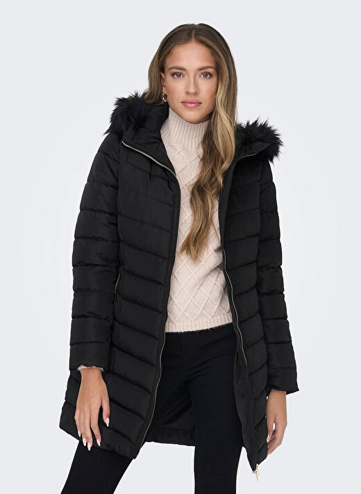 Only Siyah Kadın Kaban ONLELLAN QUILTED HOOD FUR COAT CC O 1