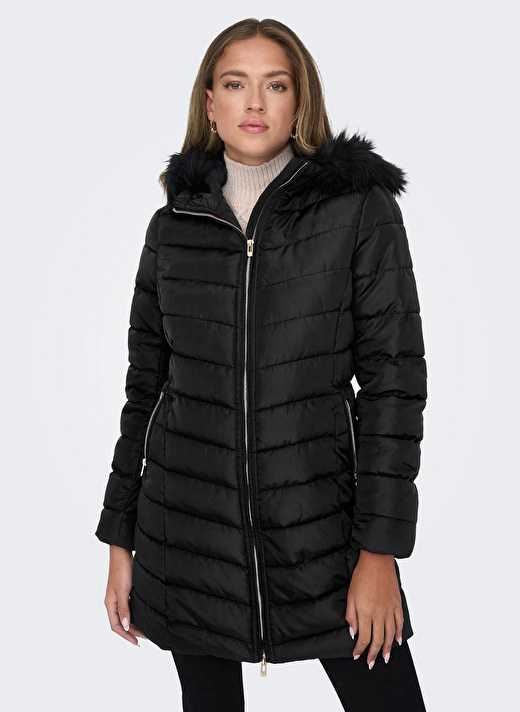 Only Siyah Kadın Kaban ONLELLAN QUILTED HOOD FUR COAT CC O 4