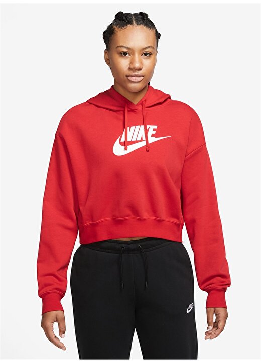 Nike Kırmızı - Pembe Kadın Yuvarlak Yaka Regular Fit Sweatshirt DQ5850-657 W NSW CLUB FLC GX CROP H 1