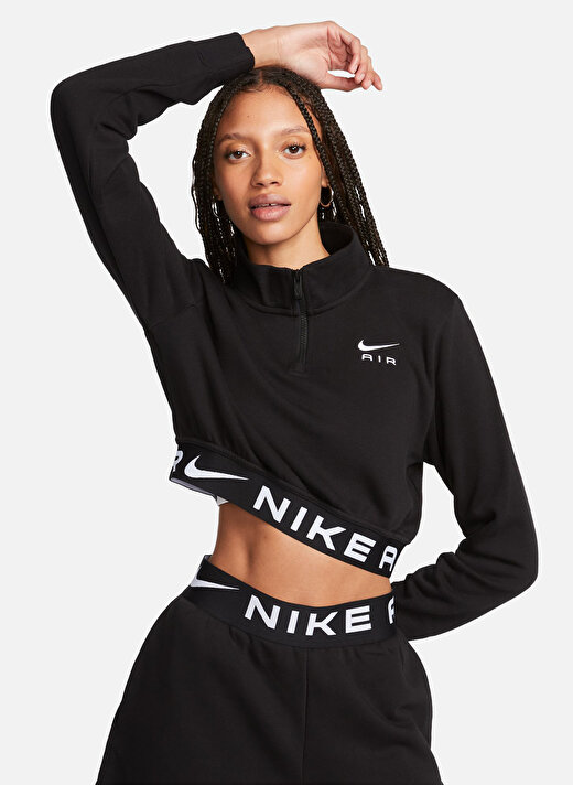 Nike Siyah - Gri - Gümüş Kadın Yuvarlak Yaka Regular Fit Uzun Kollu T-Shirt FB8067-010 W NSW AIR FLC TOP 1