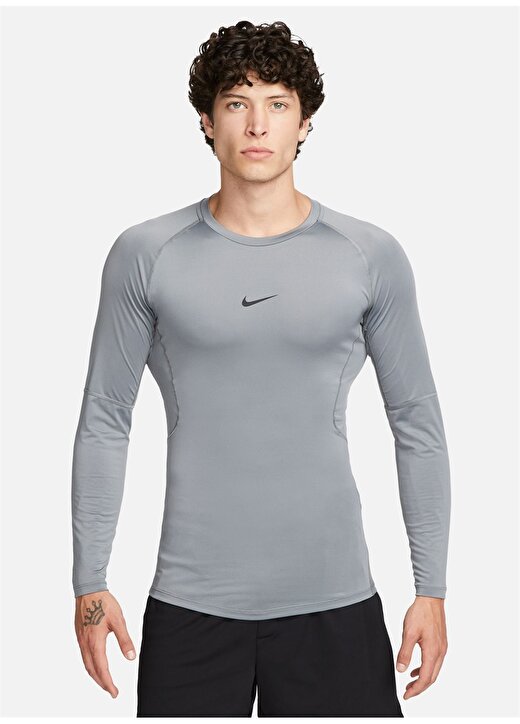 Nike Siyah - Gri - Gümüş Erkek Yuvarlak Yaka Regular Fit Uzun Kollu T-Shirt FB7919-084 M NP DF TIGHT TOP LS 2