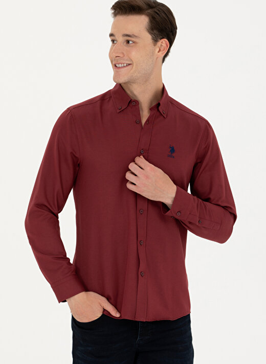 U.S. Polo Assn. Slim Fit Düğmeli Yaka Bordo Erkek Gömlek GOX023K 3