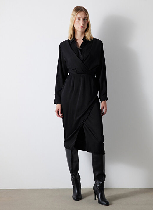 İpekyol Gömlek Yaka Siyah Midi Kadın Elbise IW6230002101001 1