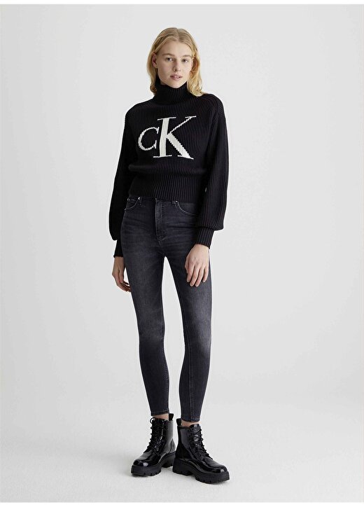 Calvin Klein Jeans Dik Yaka Normal Baskılı Siyah Kazak Kadın J20J221960BEH 1