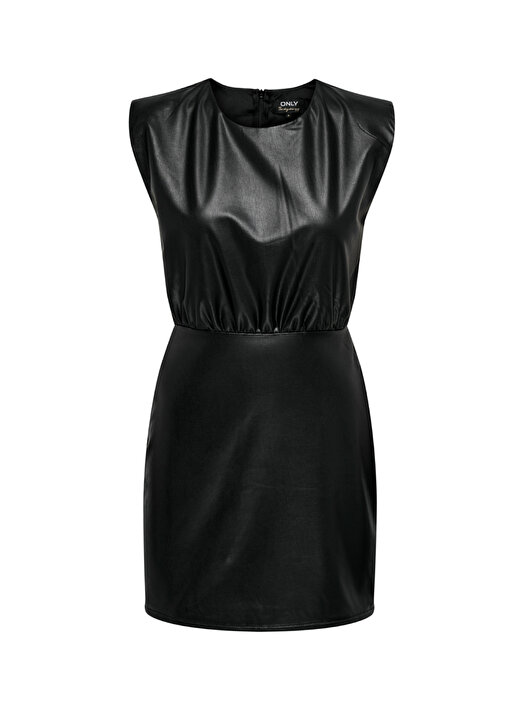 Only O Yaka Düz Siyah Mini Kadın Elbise ONLDORIT FAUX LEATHER DRESS OTW 1