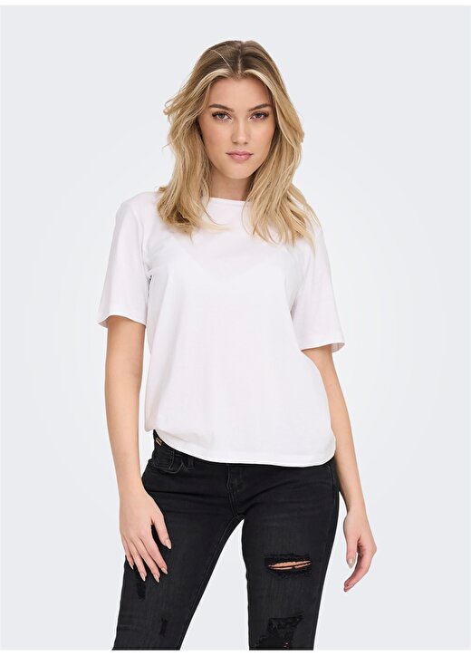 Only O Yaka Düz Beyaz Kadın T-Shirt ONLONLY S/S TEE JRS NOOS 1