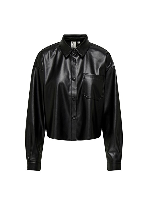 Only Rahat Gömlek Yaka Düz Siyah Kadın Gömlek ONLBLAKE L/S CROP FAUX LEAT SHIRT P 1