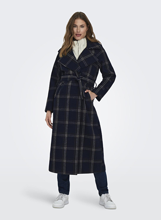 Only Lacivert Kadın Kaban ONLPATRICIA CHECK WOOL COAT OTW 2