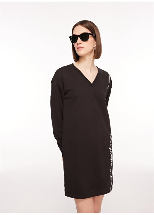 Armani Exchange V Yaka Baskılı Siyah Diz Üstü Kadın Elbise 6RYA70 2