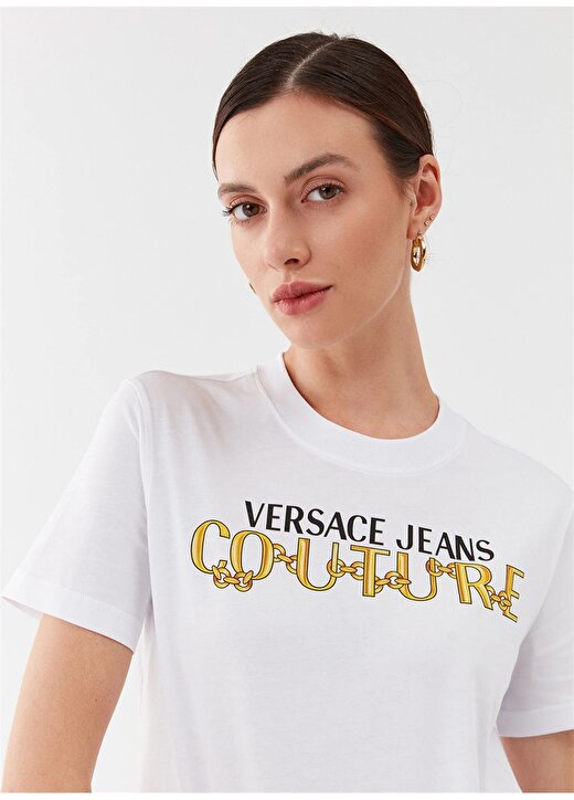 Versace Jeans Couture Bisiklet Yaka Baskılı Beyaz Kadın T-Shirt 75HAHF01 3