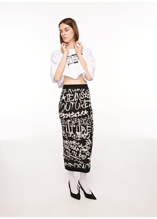 Versace Jeans Couture Yüksek Bel Siyah - Beyaz Kadın Desenli Midi Etek 75HAEM26 2