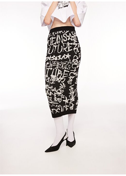 Versace Jeans Couture Yüksek Bel Siyah - Beyaz Kadın Desenli Midi Etek 75HAEM26 3