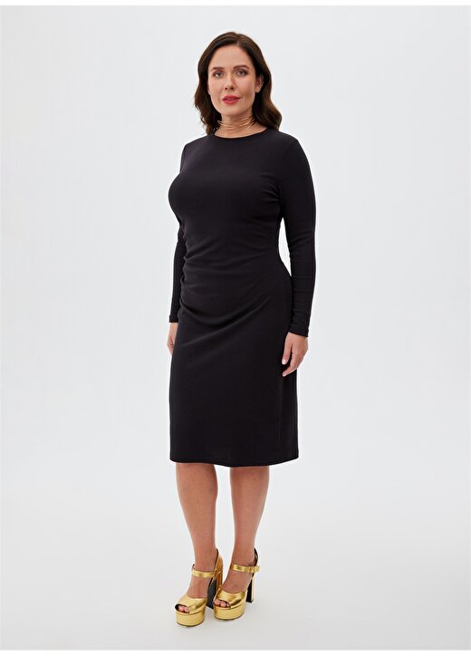 Luokk Yuvarlak Yaka Düz Siyah Midi Kadın Elbise ROSA 1