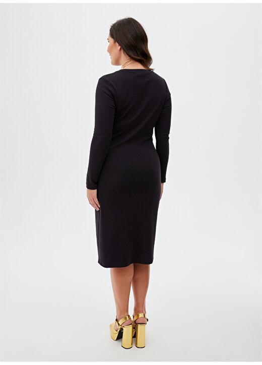 Luokk Yuvarlak Yaka Düz Siyah Midi Kadın Elbise ROSA 3
