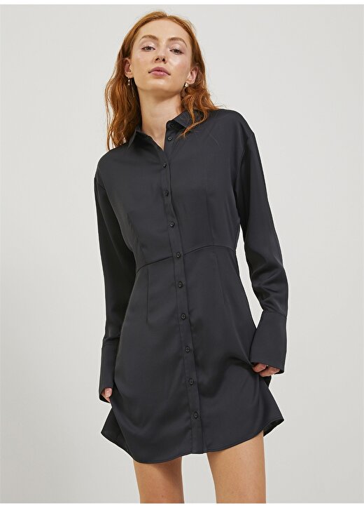 JJXX Klasik Yaka Düz Siyah Mini Kadın Elbise JXKIMMIE SATIN LS SHORT SHIRT DRESS 1