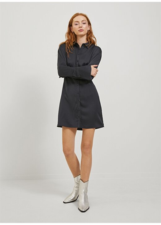 JJXX Klasik Yaka Düz Siyah Mini Kadın Elbise JXKIMMIE SATIN LS SHORT SHIRT DRESS 2
