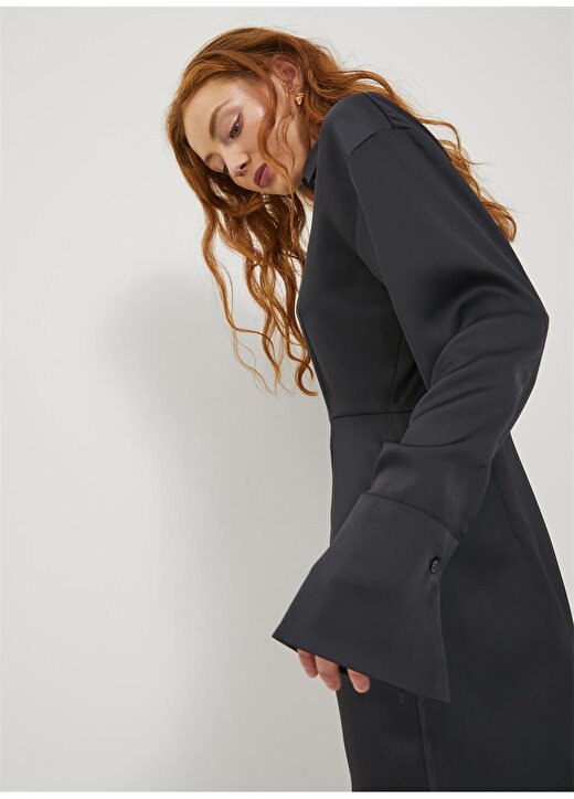 JJXX Klasik Yaka Düz Siyah Mini Kadın Elbise JXKIMMIE SATIN LS SHORT SHIRT DRESS 3