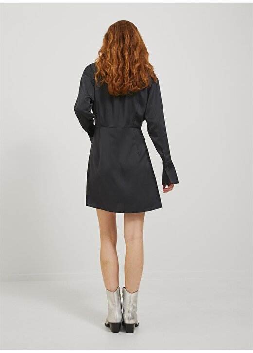 JJXX Klasik Yaka Düz Siyah Mini Kadın Elbise JXKIMMIE SATIN LS SHORT SHIRT DRESS 4