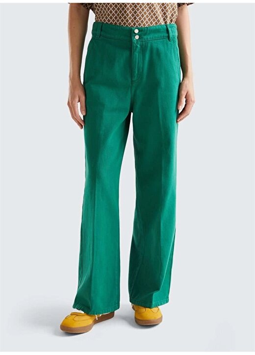 Benetton Yüksek Bel Geniş Paça Yeşil Kadın Denim Pantolon 4DUKDF032 2