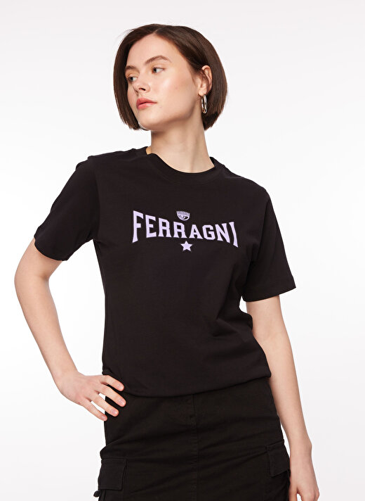 Chiara Ferragni Bisiklet Yaka Baskılı Siyah Kadın T-Shirt 75CBHT03 3
