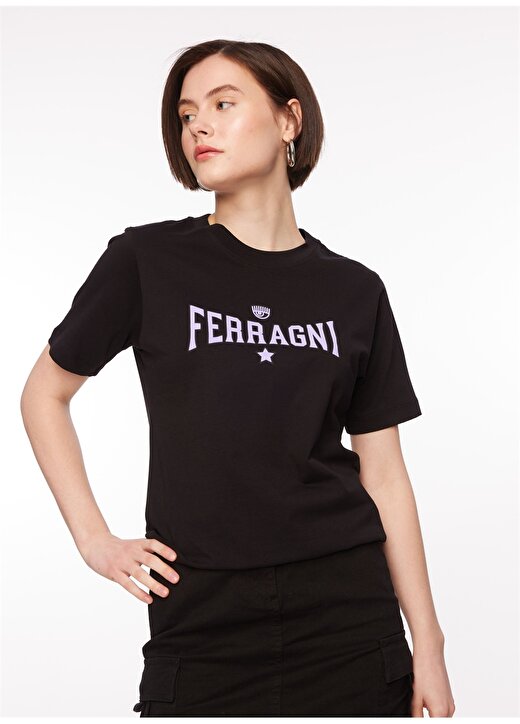 Chiara Ferragni Bisiklet Yaka Baskılı Siyah Kadın T-Shirt 75CBHT03 3