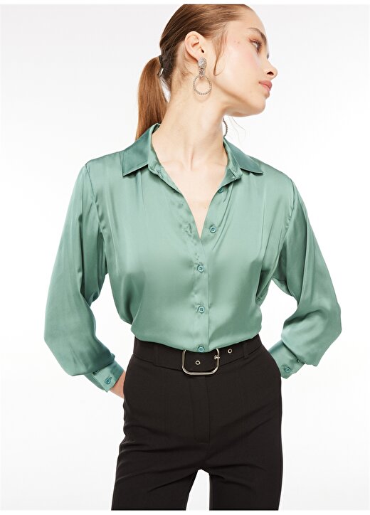 Selen Gömlek Yaka Düz Yeşil Kadın Bluz 23KSL8674 1